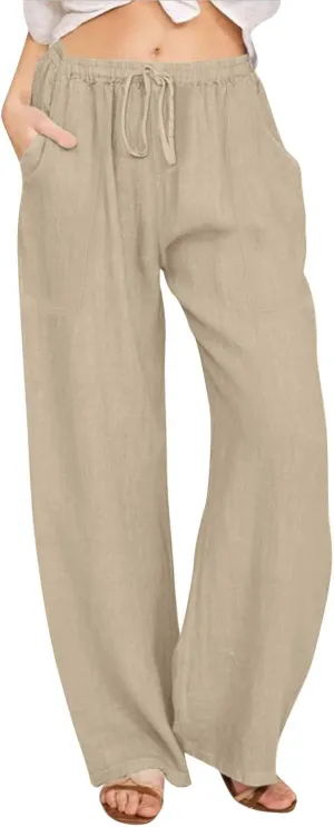 Linen Pants Women Summer High Waisted Pants Wide Leg Lounge Pants Beach Trouser Pants with Pockets
