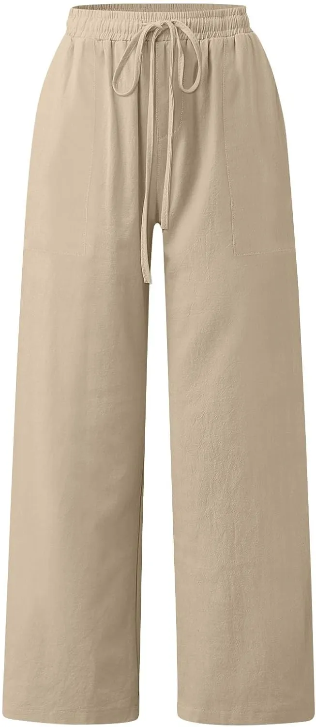 Linen Pants Women Summer High Waisted Pants Wide Leg Lounge Pants Beach Trouser Pants with Pockets