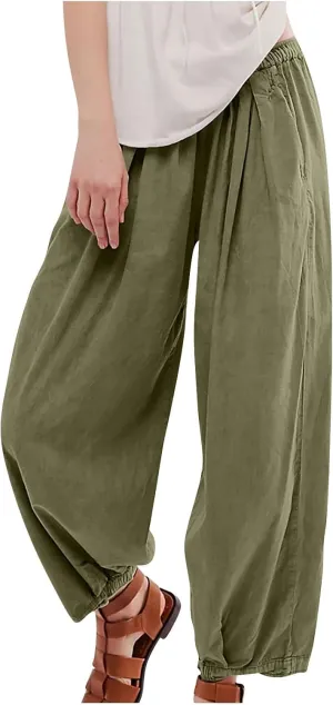 Linen Pants Women Wide Leg Pants 2024 Trendy Elastic Waist Pants Summer Flowy Casual Trousers Pants