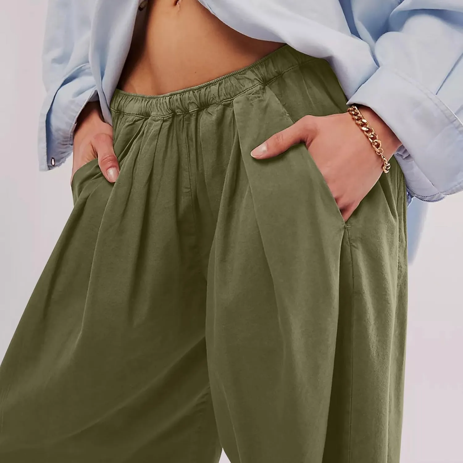 Linen Pants Women Wide Leg Pants 2024 Trendy Elastic Waist Pants Summer Flowy Casual Trousers Pants