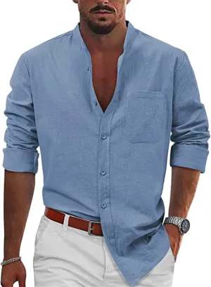 Linen Shirts for Men Business Dress T-Shirts Casual Button Shirts Stand Collar Beach Tees Long Sleeve Summer Tops
