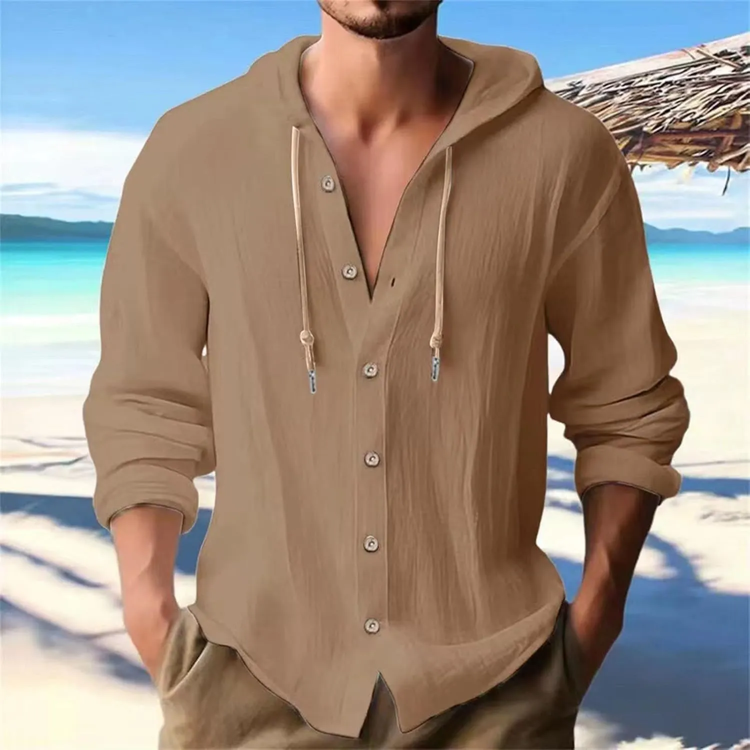 Linen Shirts for Men Solid Color Guayabera Shirts with Hooded Casual Long Sleeve Sweatshirts Button Down Beach Shirts