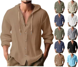 Linen Shirts for Men Solid Color Guayabera Shirts with Hooded Casual Long Sleeve Sweatshirts Button Down Beach Shirts