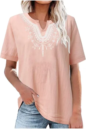 Linen Shirts for Women Embroidery V Neck Shirts Vintage Cotton Linen Tunic Tops Summer Trendy Blouses Tee Shirts Tops