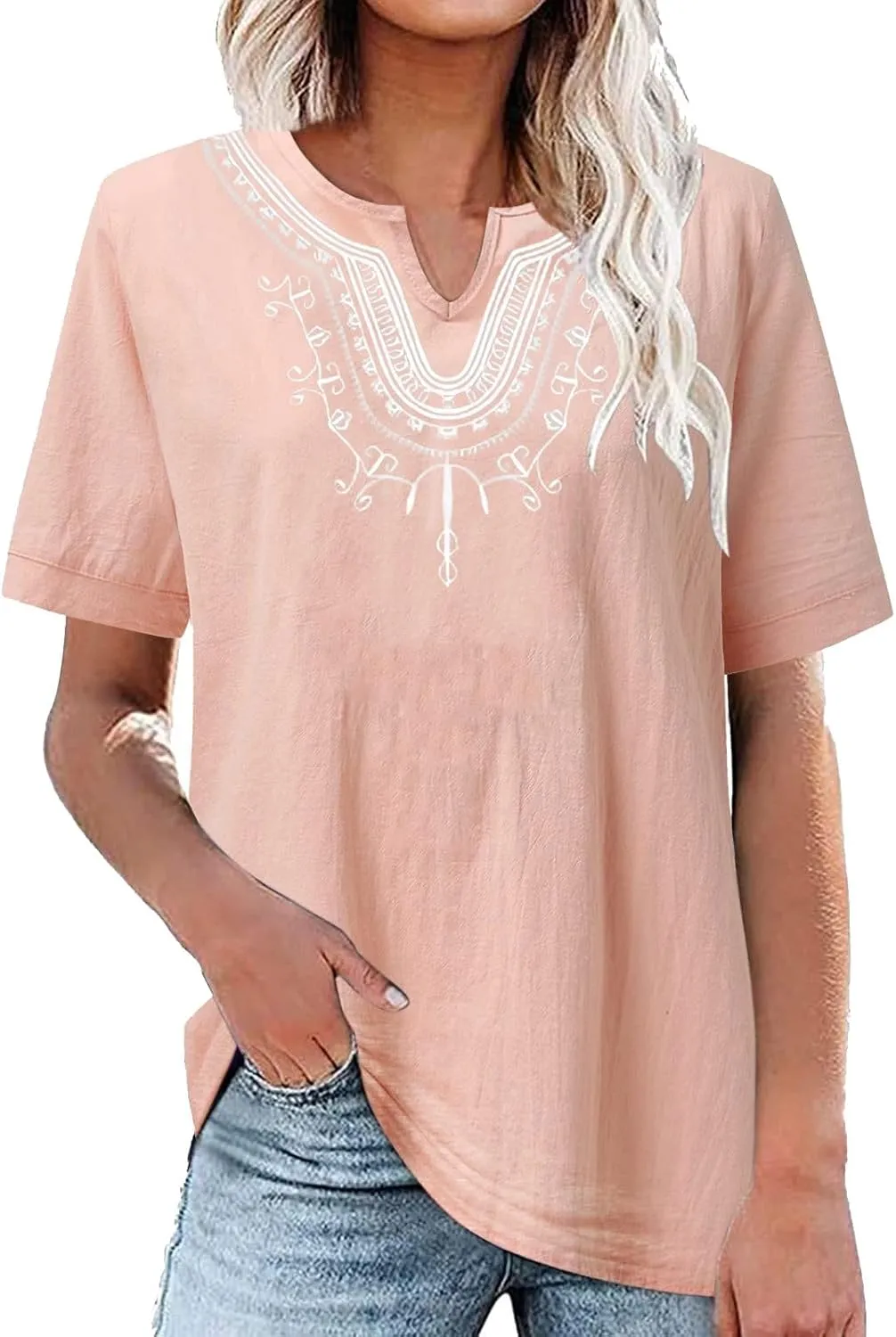 Linen Shirts for Women Embroidery V Neck Shirts Vintage Cotton Linen Tunic Tops Summer Trendy Blouses Tee Shirts Tops