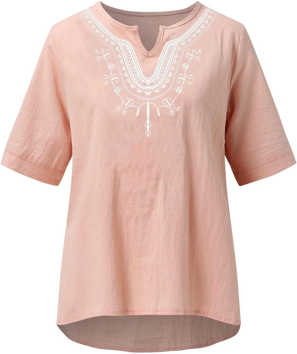 Linen Shirts for Women Embroidery V Neck Shirts Vintage Cotton Linen Tunic Tops Summer Trendy Blouses Tee Shirts Tops