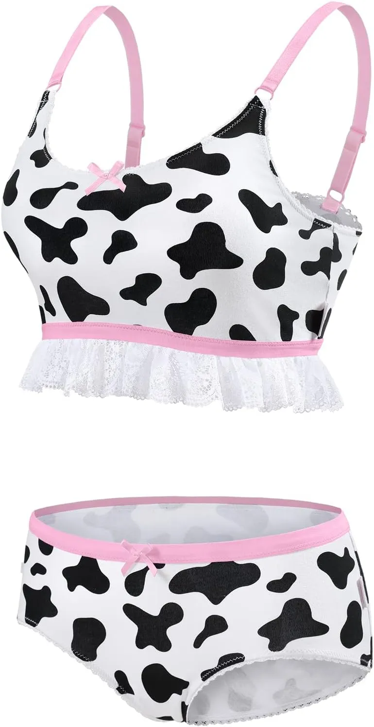 Littleforbig Lacy Trim Women Nightwear Strap Sleepwear Cami Top Shorts Lingerie Bralette Loungewear Set - Milk Cow