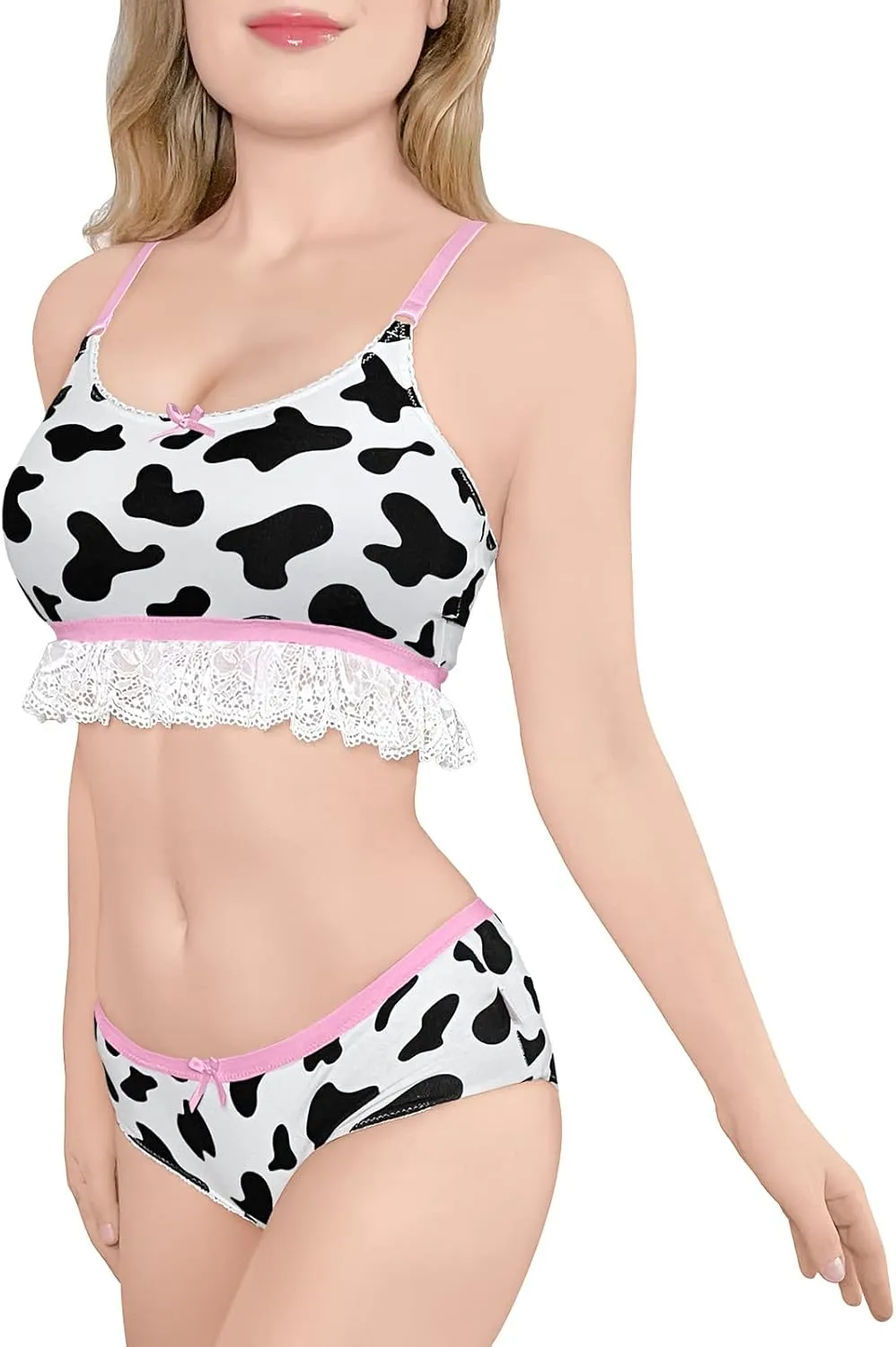 Littleforbig Lacy Trim Women Nightwear Strap Sleepwear Cami Top Shorts Lingerie Bralette Loungewear Set - Milk Cow