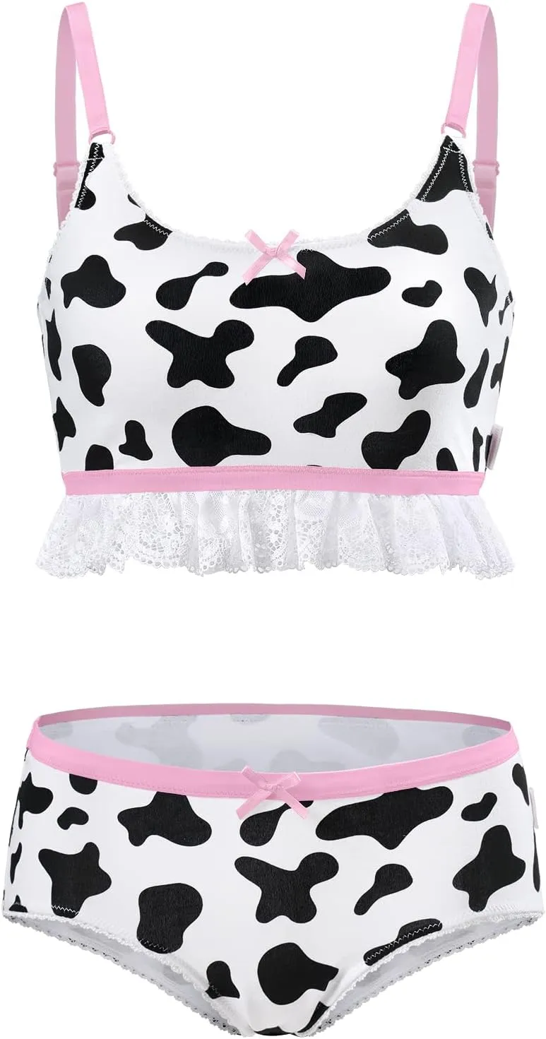 Littleforbig Lacy Trim Women Nightwear Strap Sleepwear Cami Top Shorts Lingerie Bralette Loungewear Set - Milk Cow