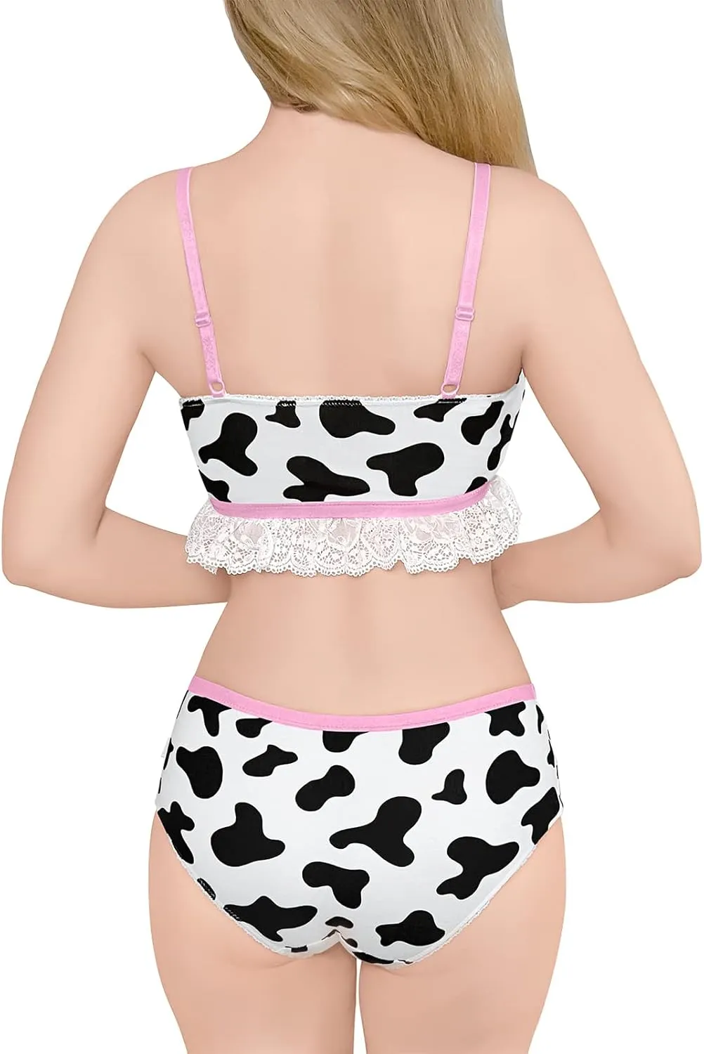 Littleforbig Lacy Trim Women Nightwear Strap Sleepwear Cami Top Shorts Lingerie Bralette Loungewear Set - Milk Cow