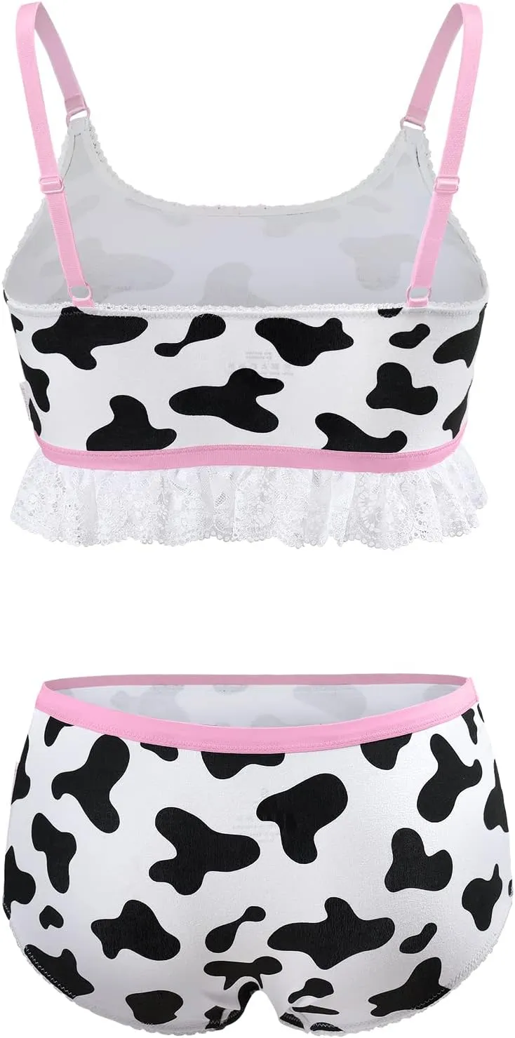 Littleforbig Lacy Trim Women Nightwear Strap Sleepwear Cami Top Shorts Lingerie Bralette Loungewear Set - Milk Cow