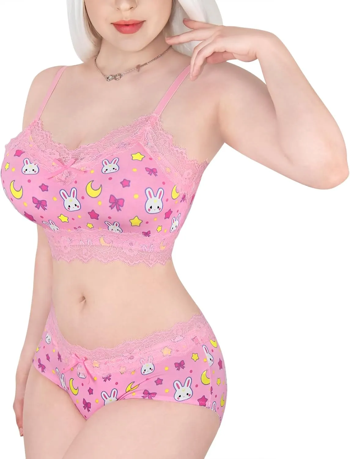 Littleforbig Lacy Trim Women Nightwear Strap Sleepwear Cami Top Shorts Lingerie bralette loungewear Set - Sweet Usagi