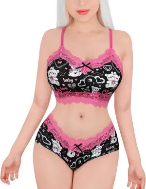 Littleforbig Lacy Trim Women Nightwear Strap Sleepwear Cami Top Shorts Lingerie Scene Babe Lacey Bralette Loungewear Set