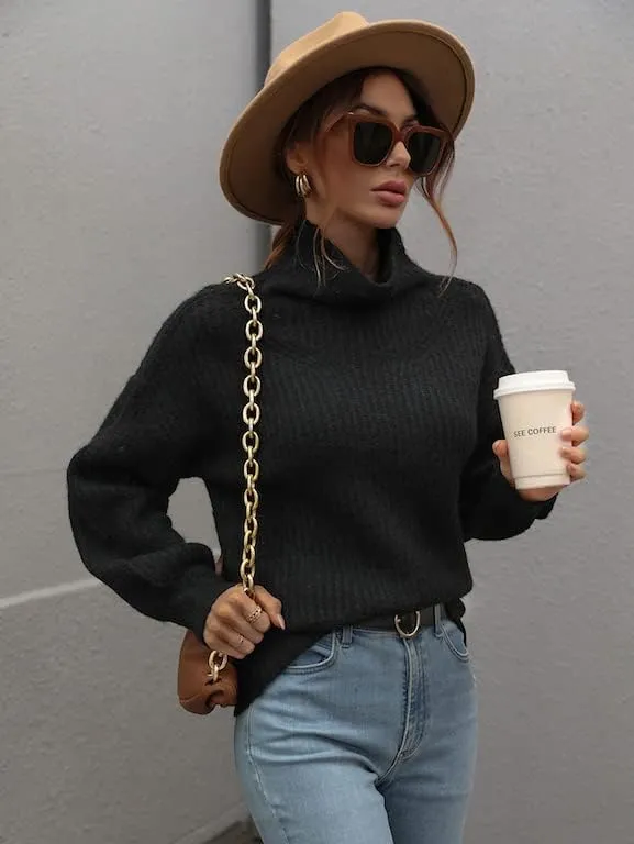 LOUSEA Women's Solid Turtleneck high Neck Long Sleeve Sweater Knit Pullover Outerwear Loose