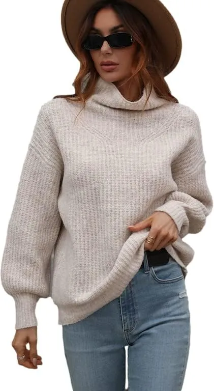 LOUSEA Women's Solid Turtleneck high Neck Long Sleeve Sweater Knit Pullover Outerwear Loose
