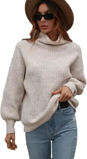 LOUSEA Women's Solid Turtleneck high Neck Long Sleeve Sweater Knit Pullover Outerwear Loose