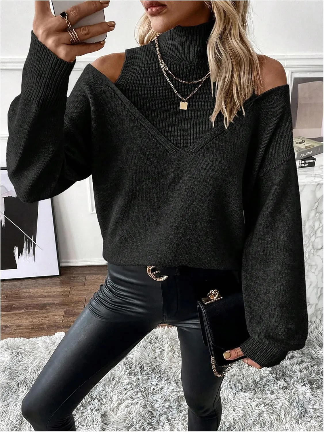 MakeMeChic Women's Cold Shoulder High Neck Long Sleeve Pullovers Ribbed Knit Sweater