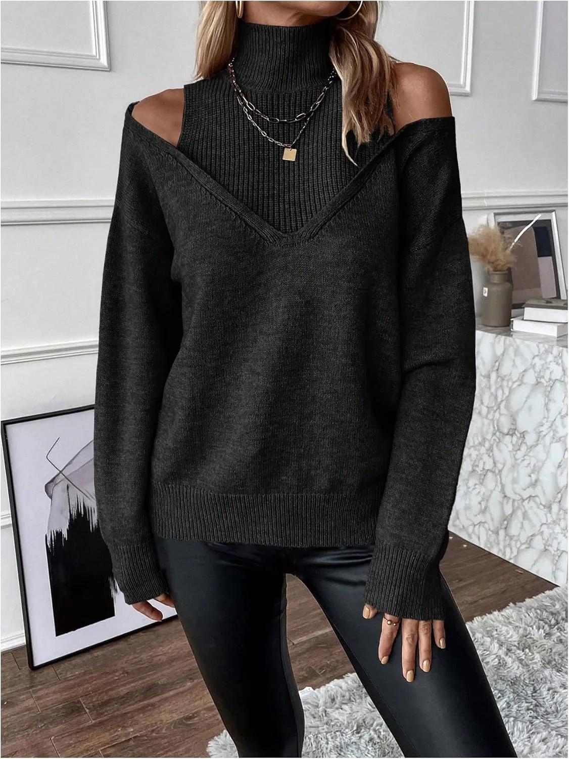 MakeMeChic Women's Cold Shoulder High Neck Long Sleeve Pullovers Ribbed Knit Sweater