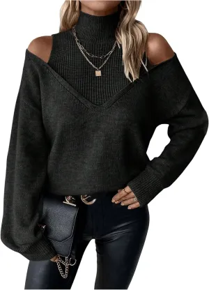 MakeMeChic Women's Cold Shoulder High Neck Long Sleeve Pullovers Ribbed Knit Sweater