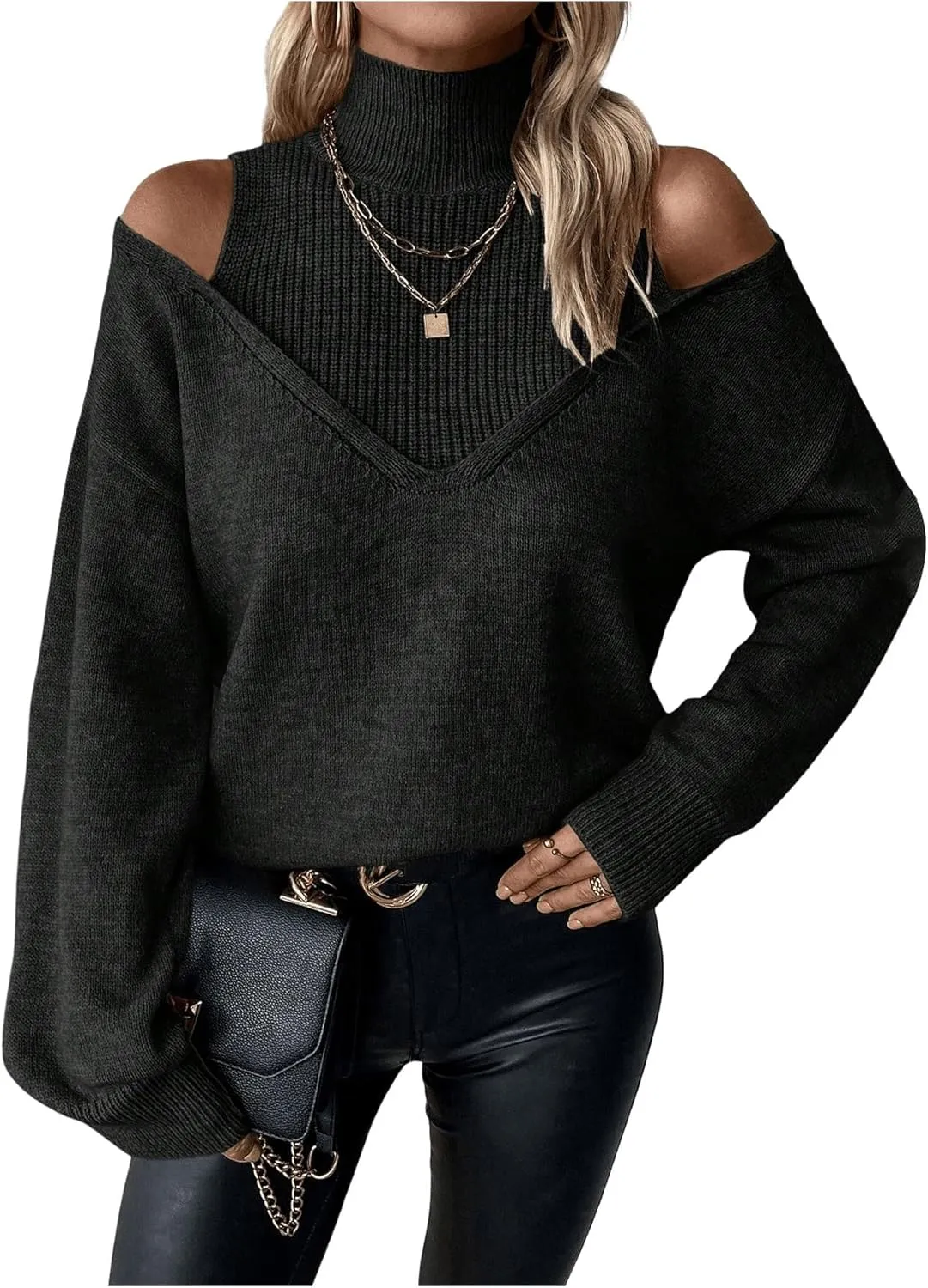 MakeMeChic Women's Cold Shoulder High Neck Long Sleeve Pullovers Ribbed Knit Sweater