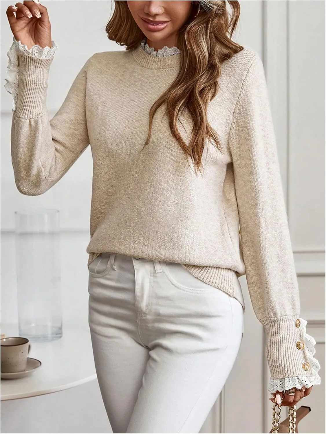 MakeMeChic Women's Crew Neck Ruffle Long Sleeve Sweater Button Knit Pullovers