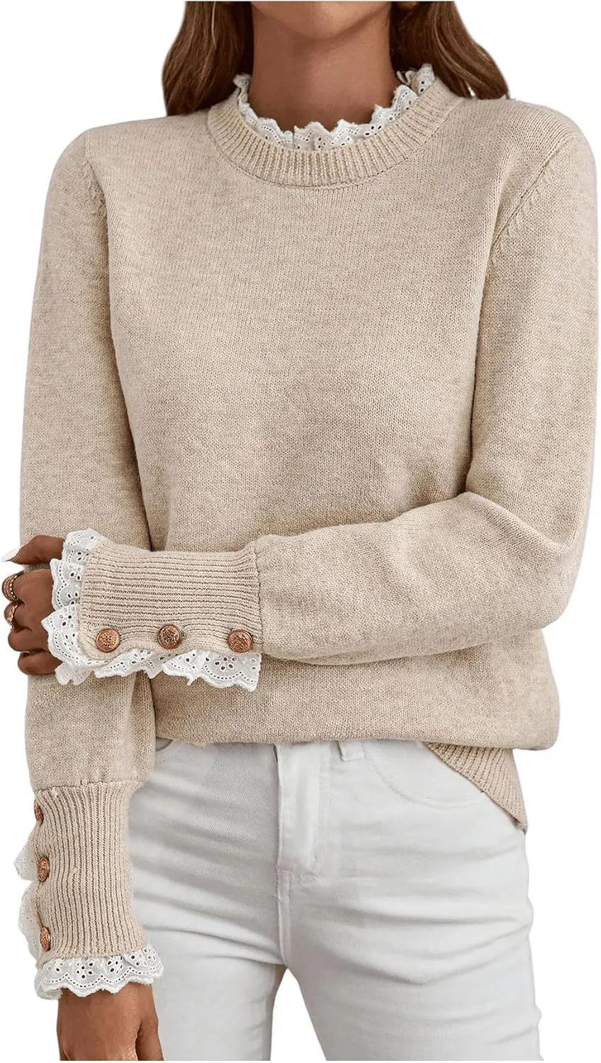 MakeMeChic Women's Crew Neck Ruffle Long Sleeve Sweater Button Knit Pullovers
