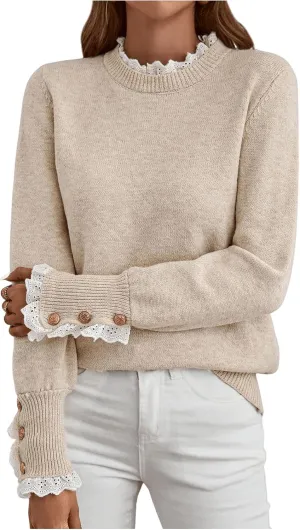 MakeMeChic Women's Crew Neck Ruffle Long Sleeve Sweater Button Knit Pullovers