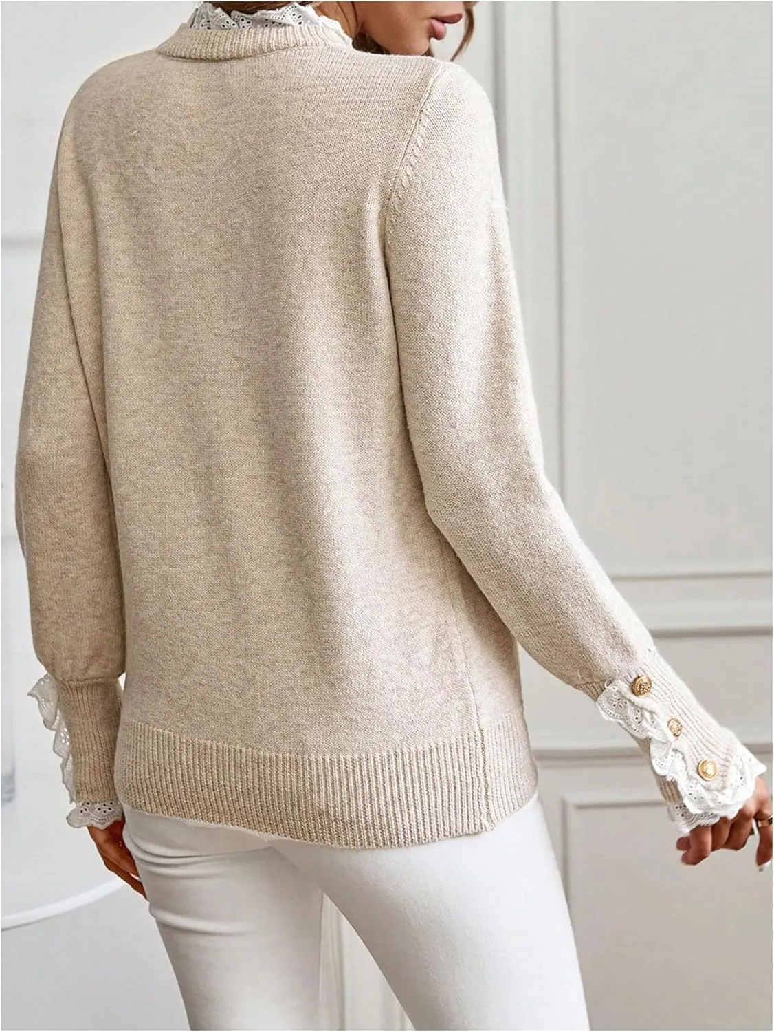 MakeMeChic Women's Crew Neck Ruffle Long Sleeve Sweater Button Knit Pullovers