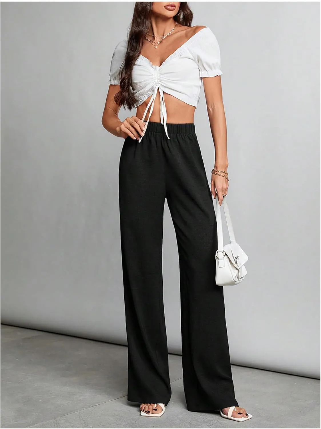 MakeMeChic Women's High Elastic Waist Trousers Straight Leg Pants Casual Bottoms