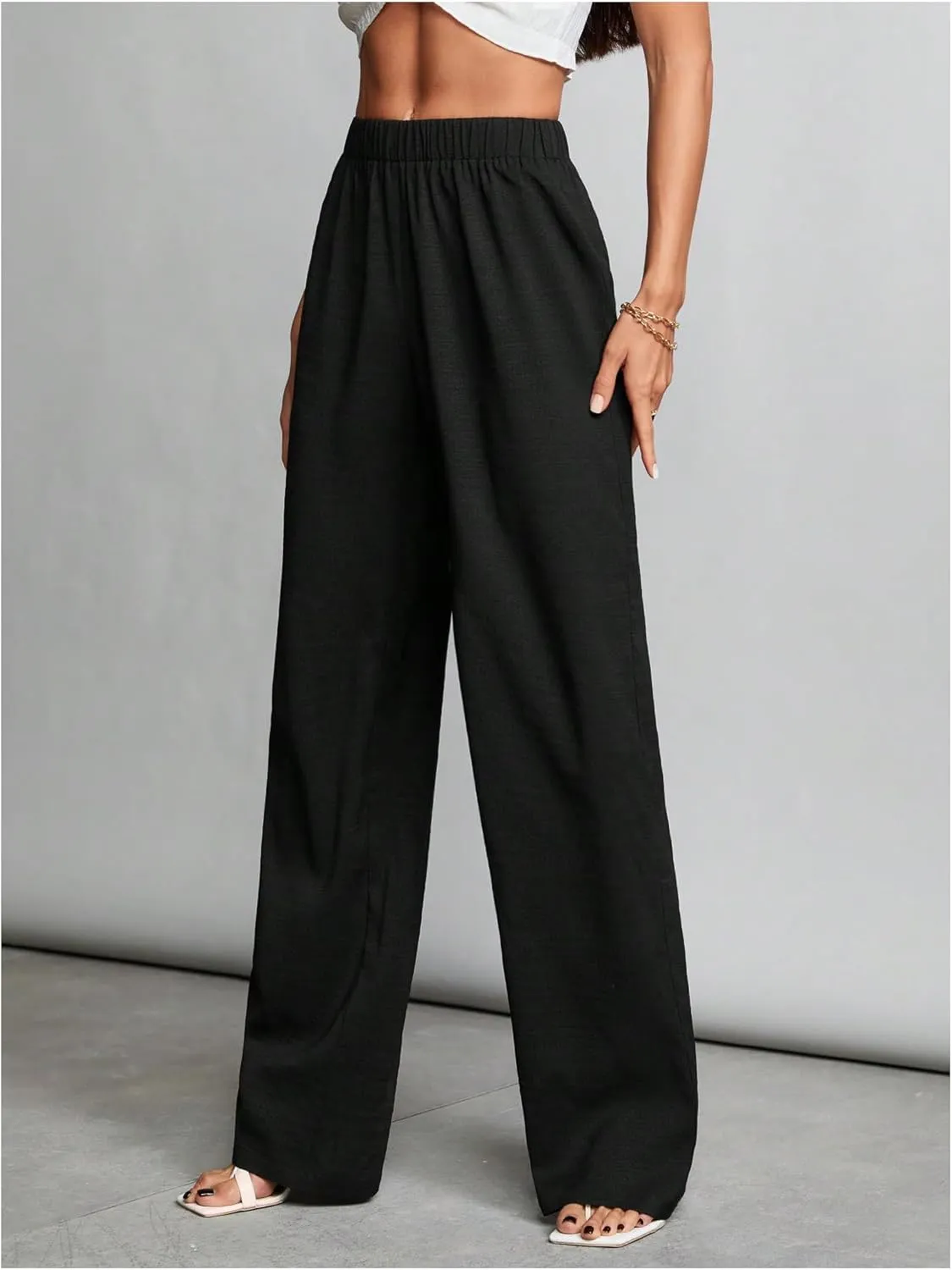 MakeMeChic Women's High Elastic Waist Trousers Straight Leg Pants Casual Bottoms