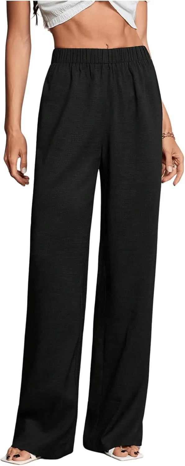 MakeMeChic Women's High Elastic Waist Trousers Straight Leg Pants Casual Bottoms
