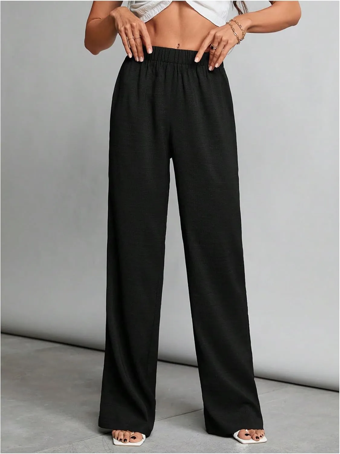 MakeMeChic Women's High Elastic Waist Trousers Straight Leg Pants Casual Bottoms