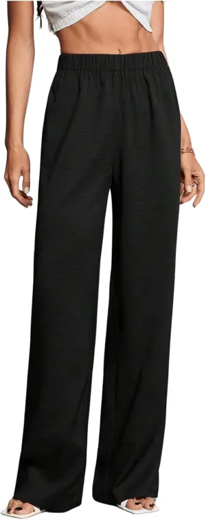 MakeMeChic Women's High Elastic Waist Trousers Straight Leg Pants Casual Bottoms