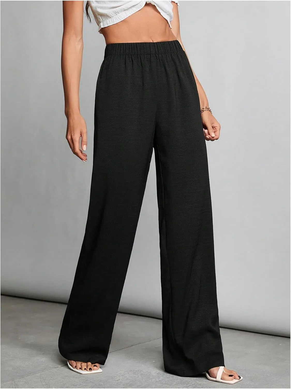 MakeMeChic Women's High Elastic Waist Trousers Straight Leg Pants Casual Bottoms