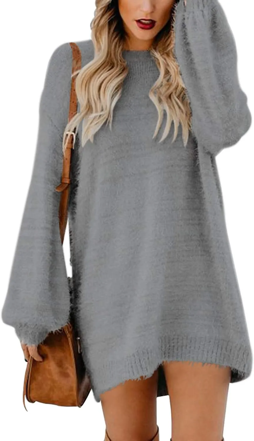 Meenew Women's Furry Pullover Sweater Dress Loose Oversized Long Knitted Tops