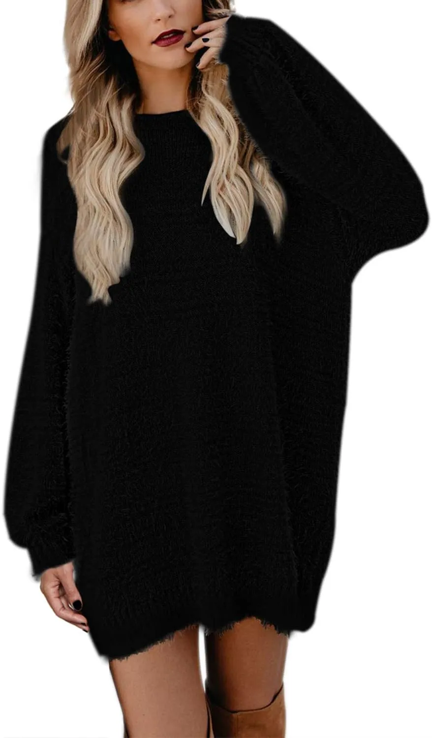 Meenew Women's Furry Pullover Sweater Dress Loose Oversized Long Knitted Tops