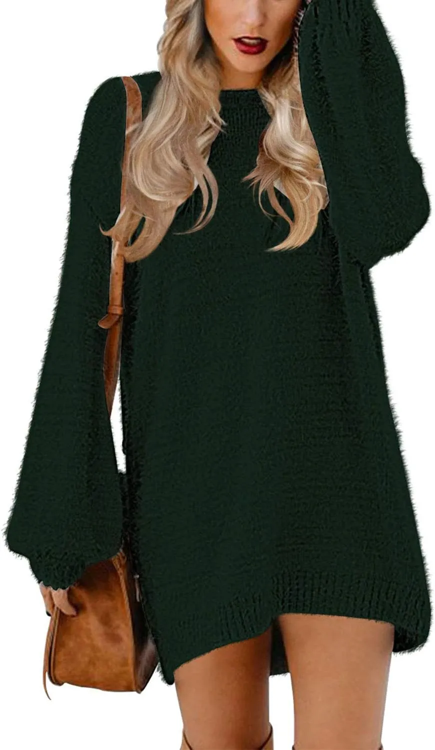 Meenew Women's Furry Pullover Sweater Dress Loose Oversized Long Knitted Tops