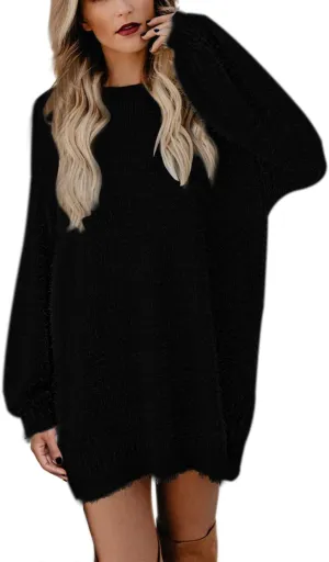 Meenew Women's Furry Pullover Sweater Dress Loose Oversized Long Knitted Tops