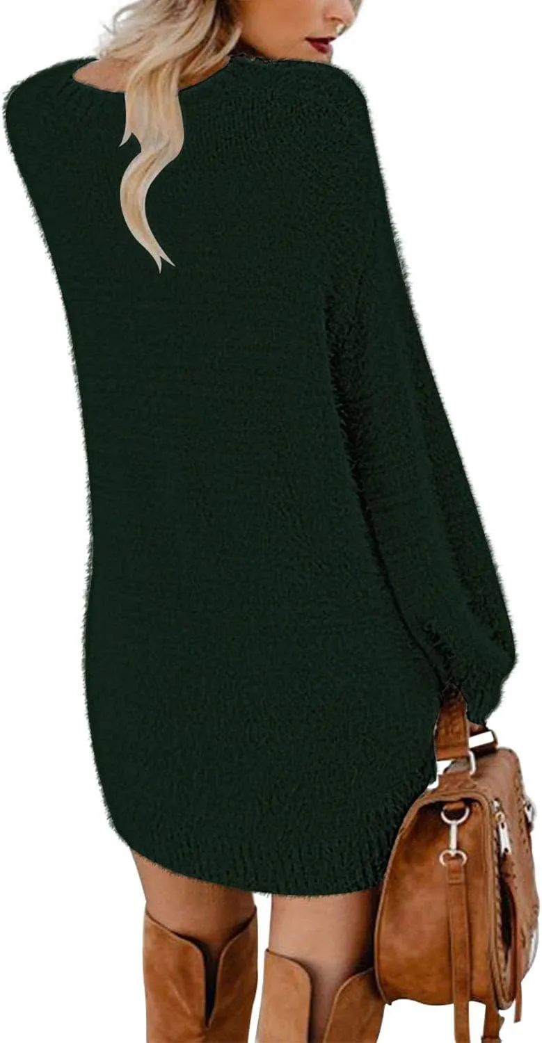 Meenew Women's Furry Pullover Sweater Dress Loose Oversized Long Knitted Tops