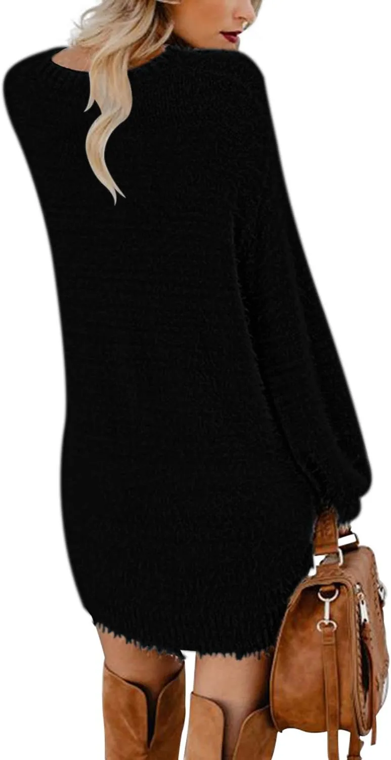 Meenew Women's Furry Pullover Sweater Dress Loose Oversized Long Knitted Tops