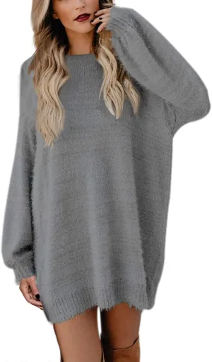 Meenew Women's Furry Pullover Sweater Dress Loose Oversized Long Knitted Tops