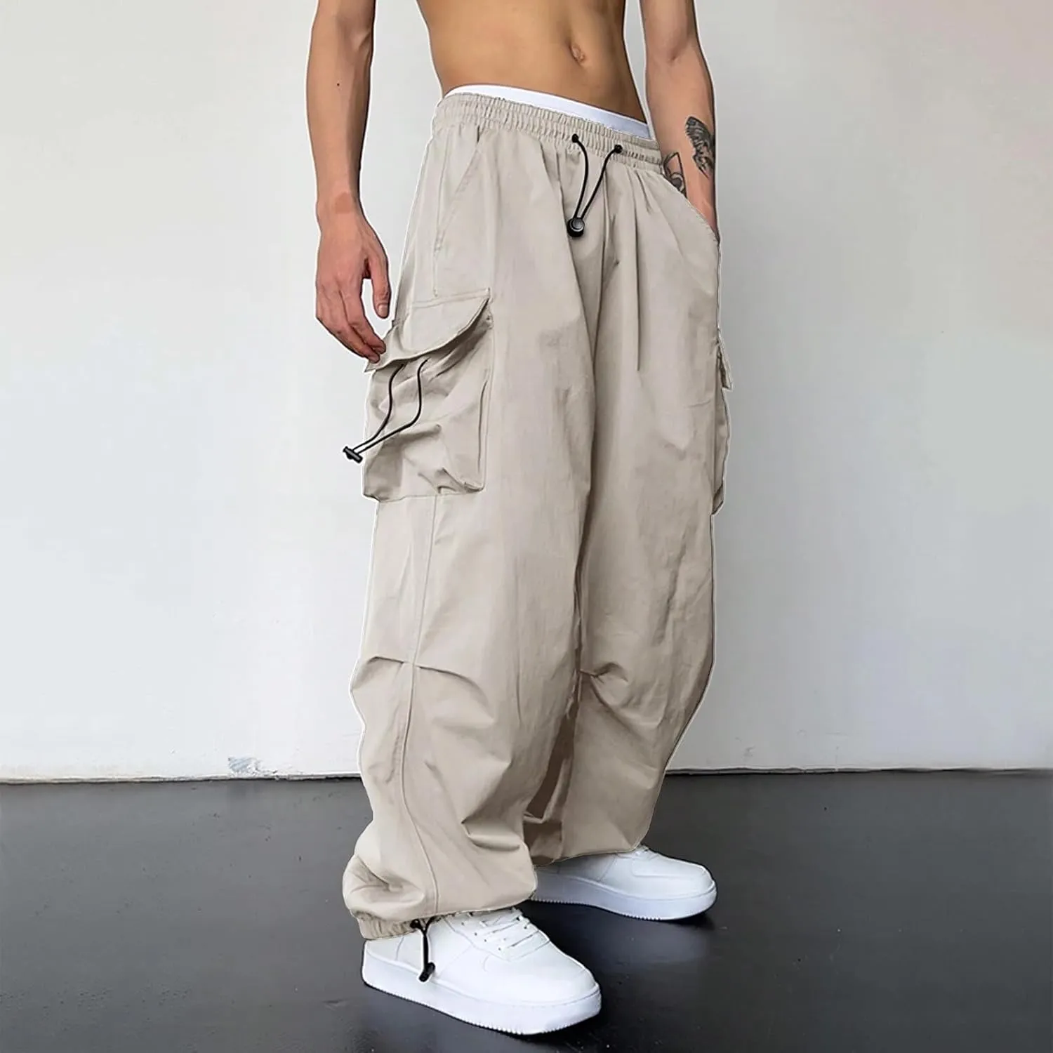 Men Baggy Cargo Pants Casual Parachute Pants Drawstring Workout Sweatpants Plus Size Loose Harem Joggers with Pockets