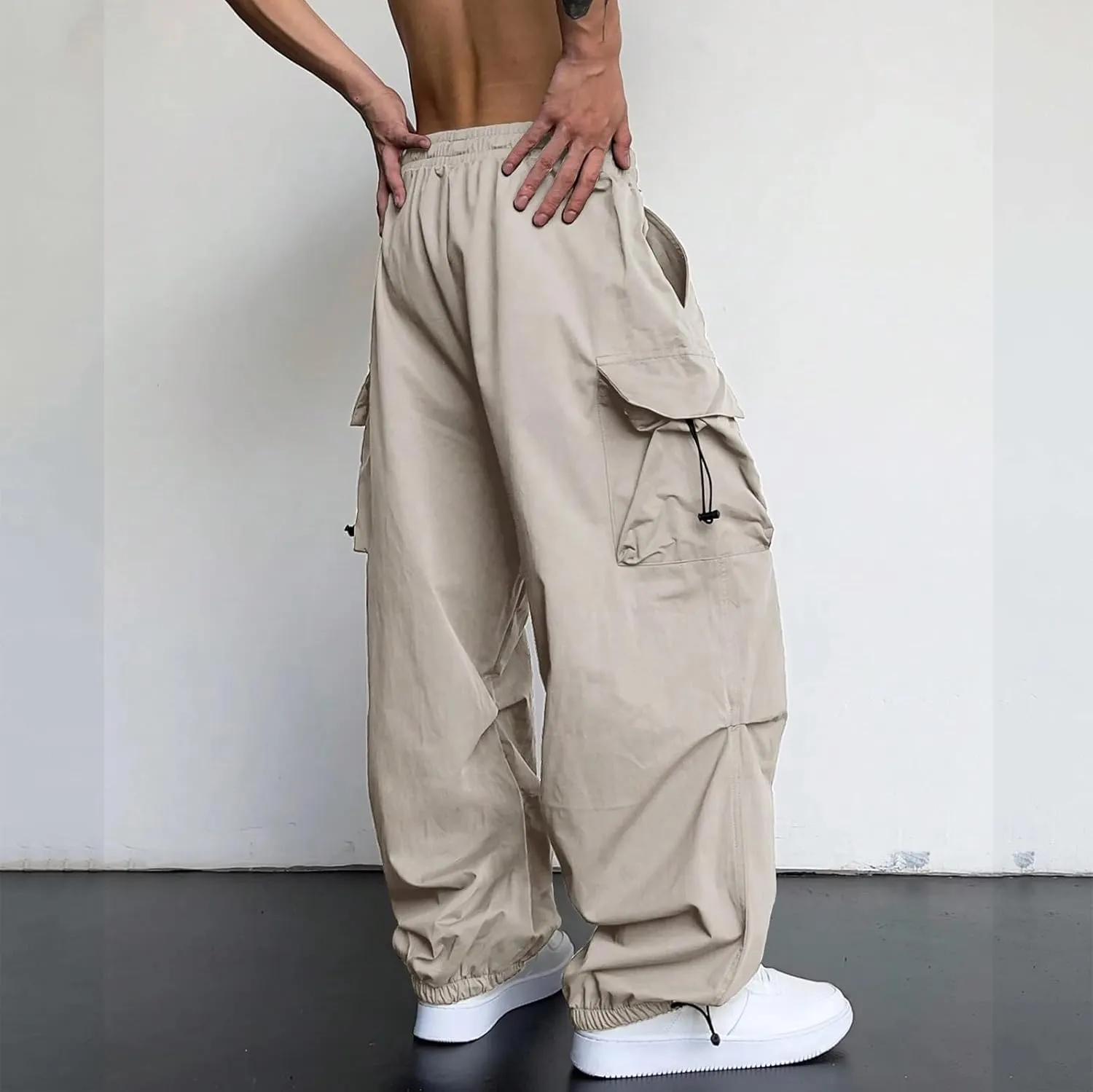 Men Baggy Cargo Pants Casual Parachute Pants Drawstring Workout Sweatpants Plus Size Loose Harem Joggers with Pockets