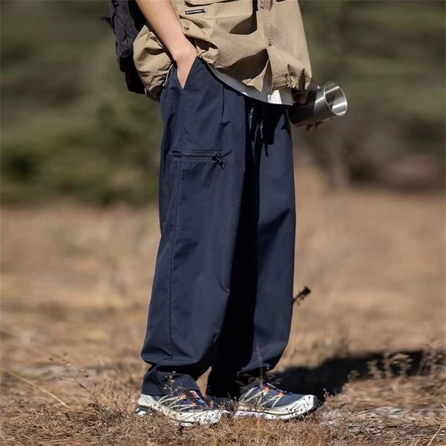 Men Cargo Pant Lightweight Tactical Hiking Jogger Pant Relaxed Fit Sport Drawstring Outdoor Trousers with Zip Pockets