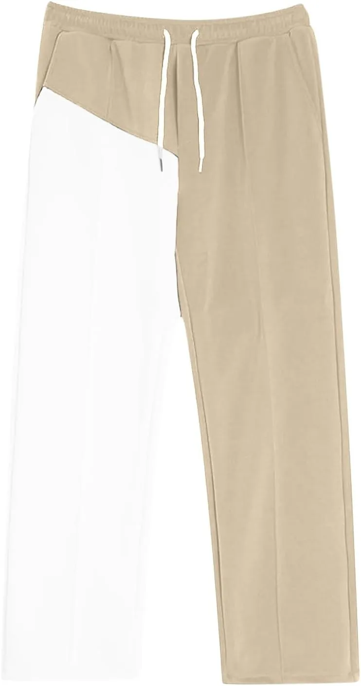 Mens Baggy Sweatpants Color Match Elastic Waist Drawstring Straight Leg Pants Casual Fashion Sports Trousers