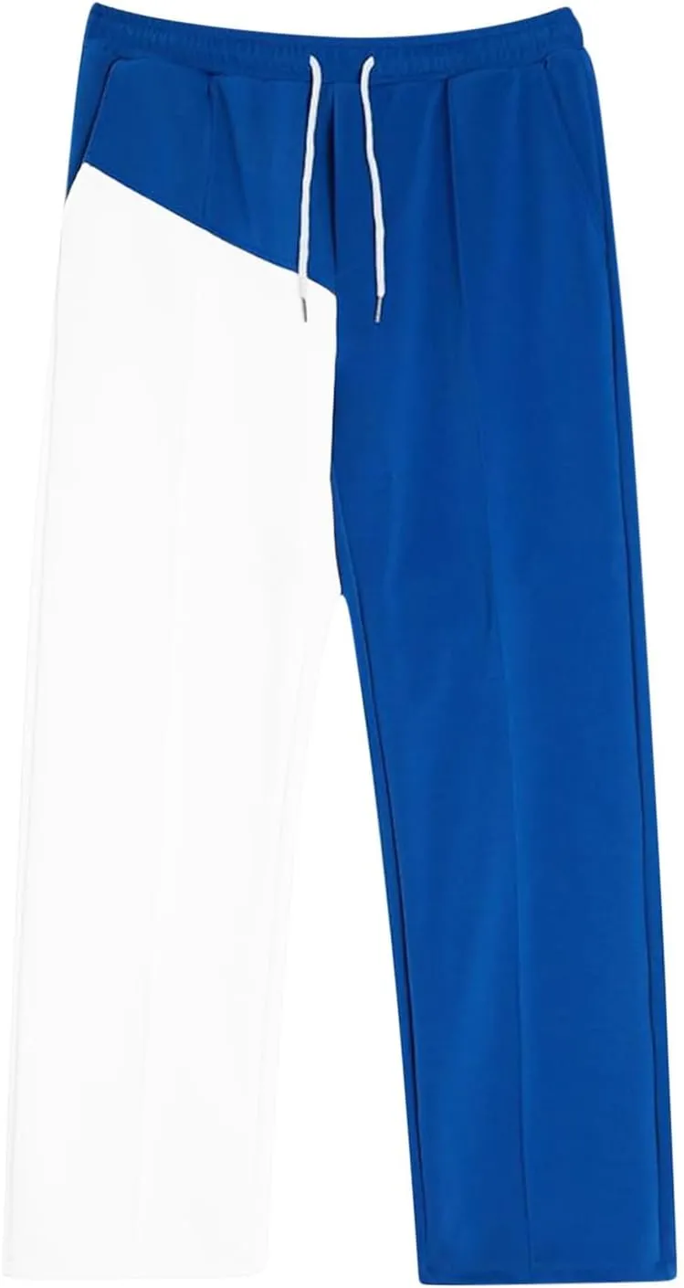 Mens Baggy Sweatpants Color Match Elastic Waist Drawstring Straight Leg Pants Casual Fashion Sports Trousers