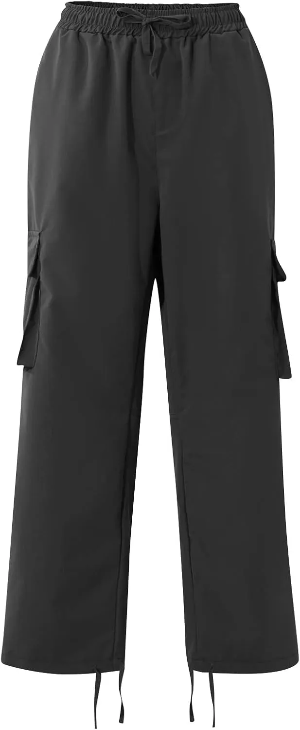 Mens Cargo Pants Drawstring Loose Straight Pants Hiking Outdoor Work Pants Casual Multi Pocket Lightweight Pants