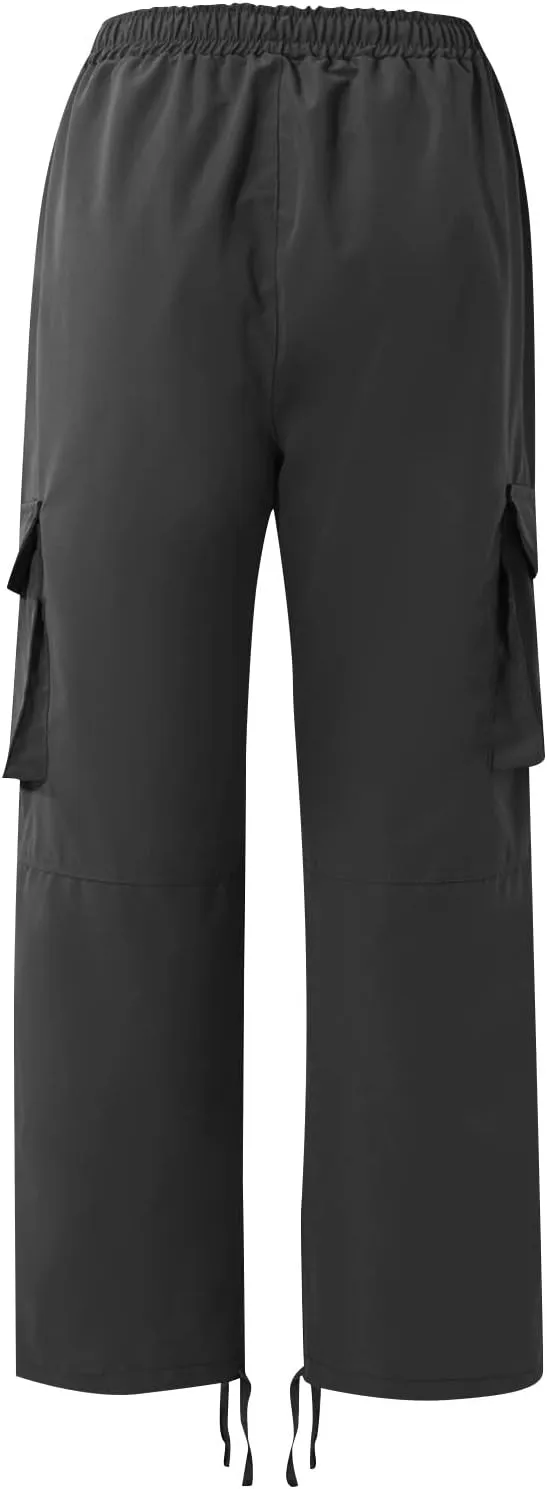 Mens Cargo Pants Drawstring Loose Straight Pants Hiking Outdoor Work Pants Casual Multi Pocket Lightweight Pants