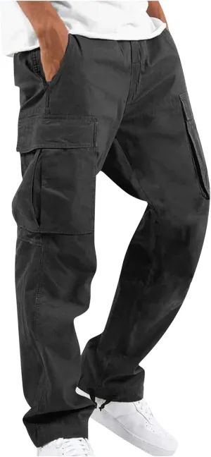 Mens Cargo Pants Drawstring Loose Straight Pants Hiking Outdoor Work Pants Casual Multi Pocket Lightweight Pants