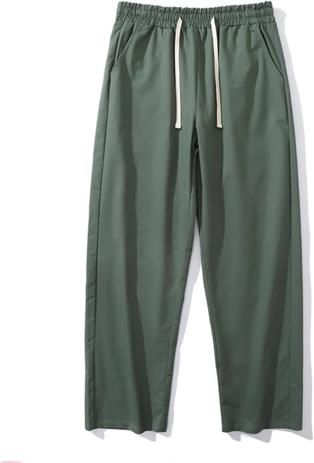 Mens Casual Cotton Pants Elastic Waist Drawstring Straight Leg Trousers Lightweight Breathable Pants with Pockets